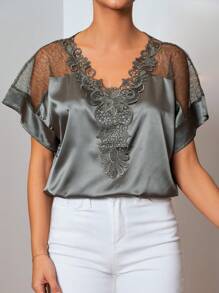 EURMUSE Contrast Lace Batwing Sleeve Blouse - Green - View 4