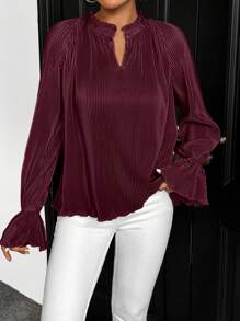 SHEIN Privé Solid Color Pleated Notched V-neck Blouse With Flare Sleeves - Red - View 3