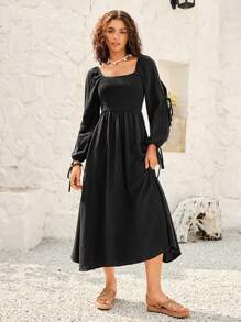 SHEIN VCAY Damski Rękaw z rozcięciem Marszczona sukienka - Czarne - Zobacz 3