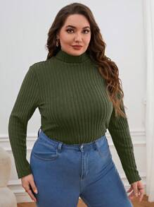 SHEIN Privé Plus Size Women's High Neck Ribbed T-shirt - Army Green - View 4