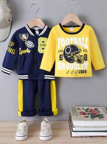 3pcs Baby Boys' Sporty Printed Baseball Jacket, T-shirt And Pants Set - Multicolor - View 3