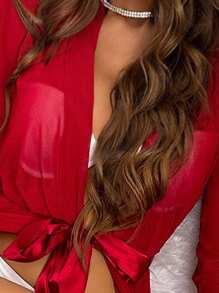 毛茸邊腰帶網紗睡袍 - 紅色 - 查看 5