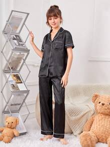 SHEIN Leap Crew Teen Girls' Woven Solid Color, Drawstring, Patch Pocket, Shirt And Pants Lounge Set - Black - View 3