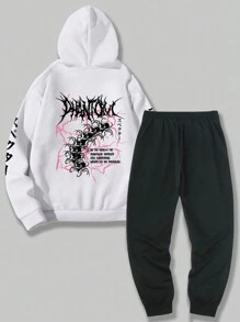 ROMWE MEN Anime 男士字母印花連帽運動衫和運動褲套裝 - 白色 - 查看 1
