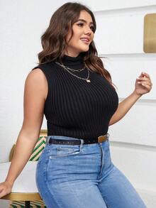 SHEIN Frenchy Kích thước lớn Cổ cao Không tay Áo len - màu đen - Xem 3