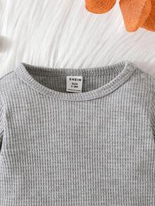 SHEIN Đứa bé trai 3pcs Chất rắn Đồ đan Ribbed Áo liền quần chặt - Nhiều màu - Xem 4