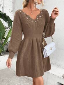 SHEIN Clasi Beaded Lantern Sleeve Sweater Dress - Coffee Brown - View 5