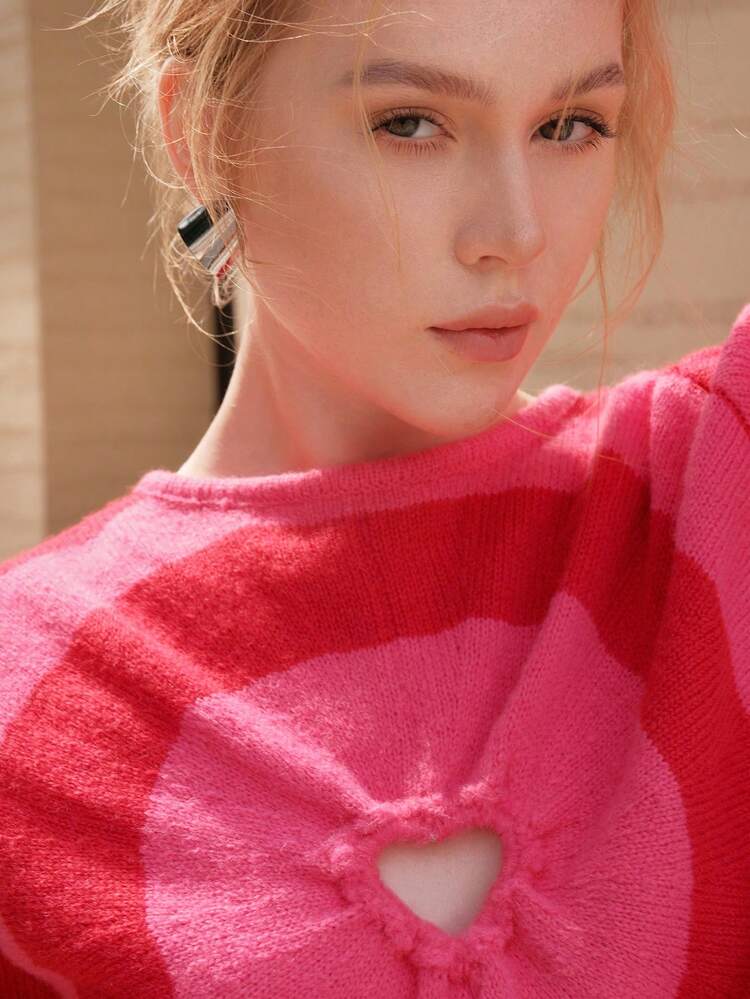 Heart-Shaped Cut-Out Detail Striped Knit Pullover Fall Winter Sweater