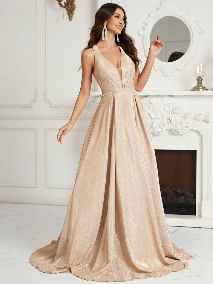 Women's Sexy Deep V-neck Bandage Dress With Extra-large Hem In Shiny Material For Evening Party