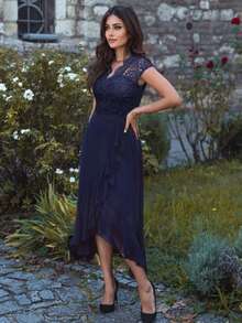 MIUSOL Bridesmaid Dress With Lace Ruffle Hem And Asymmetrical Hemline - Navy Blue - View 6