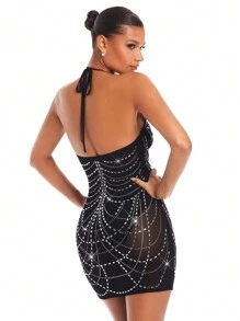 SHEIN BAE Rhinestone-embellished Backless Halterneck Dress - Black - View 3