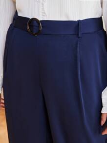 SHEIN Frenchy 大碼腰帶長褲帶褶皺和傾斜口袋 - 藏蓝色 - 查看 4