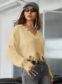 SHEIN ICON 女士們素色流蘇下擺短九分套頭毛衣 - 杏色 - 查看 6