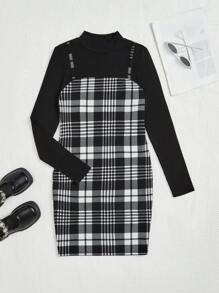 青少年女孩格紋印花假兩件洋裝