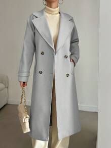 EURMUSE Ladies' Solid Color Double-breasted Notched Collar Woolen Coat - Grey - View 4