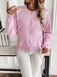 SHEIN LUNE Lace Up Front Drop Shoulder Cardigan - Pink - View 1