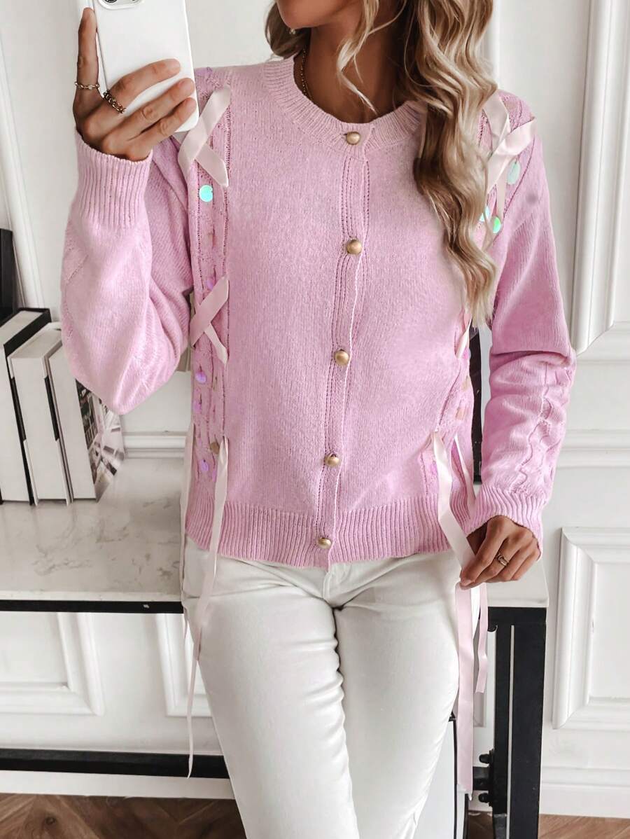 SHEIN LUNE Lace Up Front Drop Shoulder Cardigan - Pink - View 1
