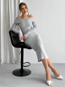 SHEIN Privé 女款人造珍珠細節純色羅紋露肩修身連身裙 - 白色 - 查看 5