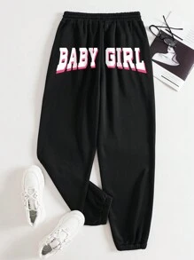 SHEIN EZwear Women's Letter Print Drawstring Waist Jogger Pants - Black - View 1