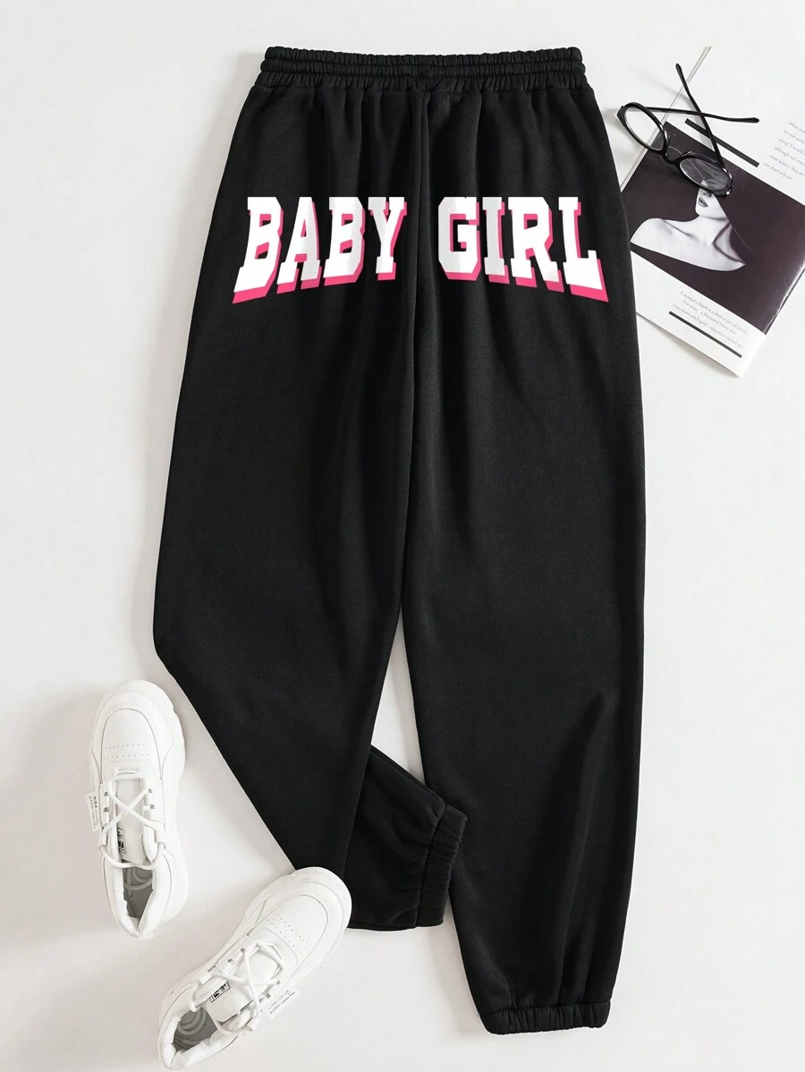 SHEIN EZwear Women's Letter Print Drawstring Waist Jogger Pants - Black - View 1