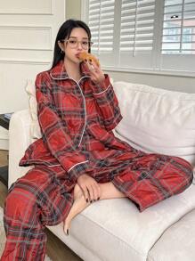 DAZY 2pcs Thickened Grid Patterned Home Wear Set Fall,Winter Christmas,New Year Pajama - Red - View 4