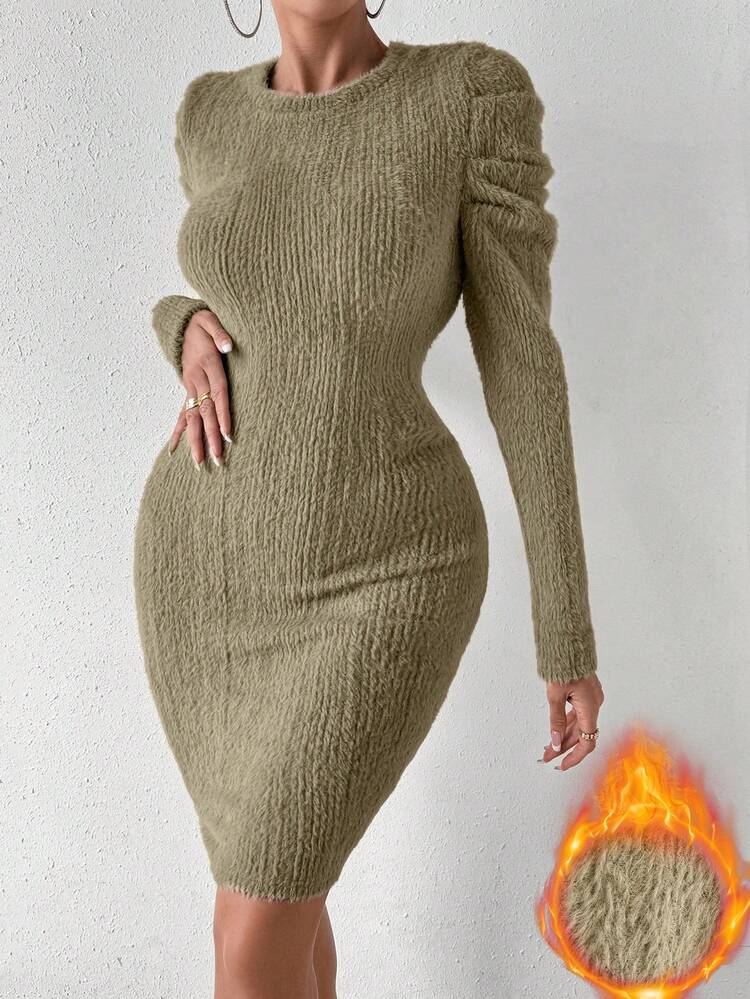 Solid Puff Sleeve Bodycon Dress Fall Cloth For Women