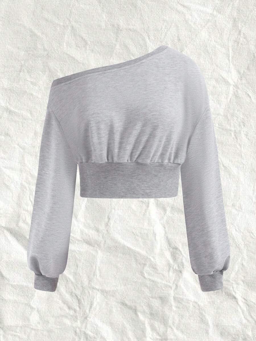 SHEIN EZwear Hơn Cổ không đối xứng Thả vai Áo nỉ - Màu Xám nhạt - Xem 1