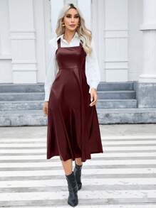 SHEIN Privé Pu 皮革連身裙(不含襯衫) - 酒紅色 - 查看 1