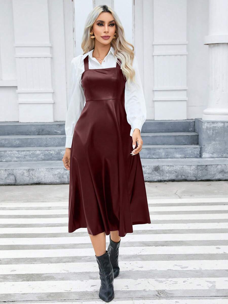 SHEIN Privé Pu 皮革連身裙(不含襯衫) - 酒紅色 - 查看 1