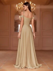 Cold Shoulder Split Thigh Prom Dress - Champagne - View 2