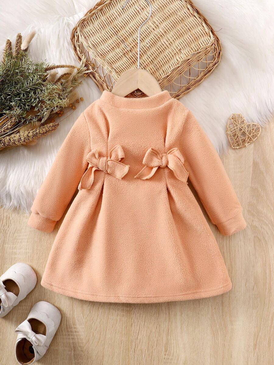 Baby Bow Front Mock Neck Keyhole Back Dress - Coral Pink - View 1