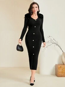 Modelyn Button Front Ribbed Knit Sweater Dress Fall Cloth For Women - Black - View 6