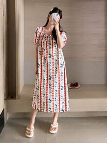 DAZY 印花前繫帶泡泡袖睡裙 - 紅色 - 查看 7