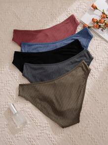 Women's Casual Plain Slight Stretch Ribbed Bikini Briefs 5 Pack Multicolored Underwear - Multicolor - View 2