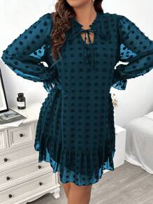 大碼荷葉邊連衣裙 - 淺藍色 - 查看 6