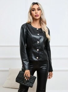 SHEIN Privé Women's Pu Leather Button Up Jacket