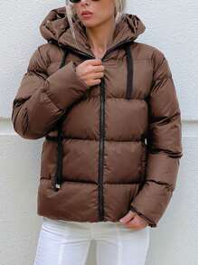 EURMUSE Zip Up Hooded Puffer Coat - Camel - View 3