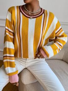 SHEIN LUNE Striped Pattern Batwing Sleeve Knit Pullover Fall Winter Sweater - Multicolor - View 1