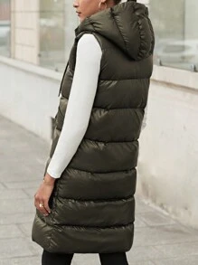 RueChic Drawstring Hooded Vest Padded Jacket - Khaki - View 2