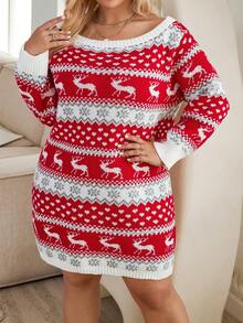 Calvaya Plus Christmas Pattern Boat Neck Sweater Dress - Red and White - View 6