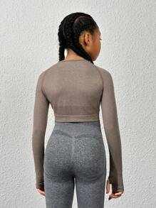 SHEIN 運動休閒女童香檳色長袖t恤,無縫工藝,舒適親膚,自由伸縮,吸汗排濕,修飾身形,適合跑步,訓練和騎車 - 香檳色 - 查看 2