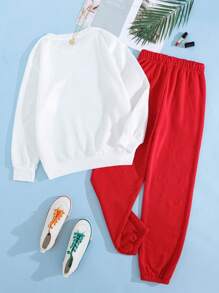 SHEIN EZwear Quý cô Lá thư In Áo nỉ Và Dây rút Dài Quần Hai chiếc Bộ - Nhiều màu - Xem 2