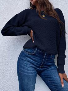 EMERY ROSE Casual Solid Color Drop Shoulder Sweater - Navy Blue - View 3