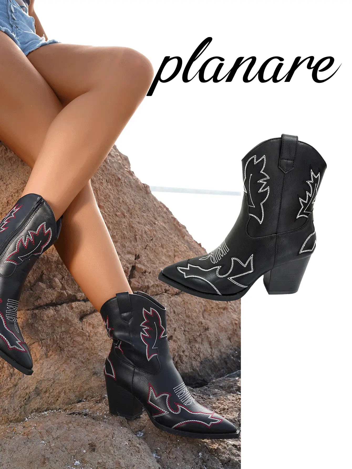 Vintage Western Style Embroidery Knee-High Boot, Ladies' Motorcycle Boot, Women's Western Boot, Fashion Pointed Toe Side Zip Booties, Cowboy Boots For Women - Black - View 2