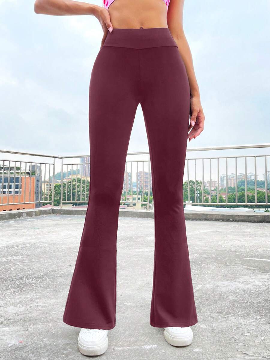 EURMUSE Solid Color Flare Pants - Red - View 1