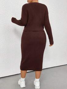Flirla Plus Size Solid Colored Knitted Tank Dress And Cardigan Set - Coffee Brown - View 2