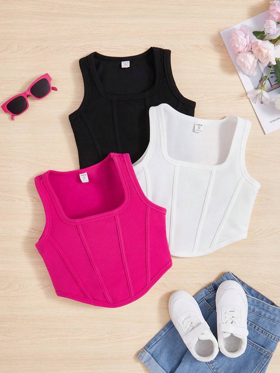 SHEIN Cô gái Tween Dệt kim Màu thuần Cổ vuông Cami ngọn Bộ Của 3 - Nhiều màu - Xem 1