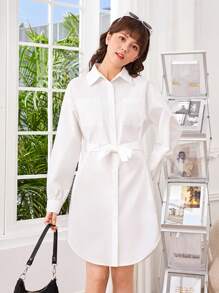 少女純色梭織翻領休閒連身裙 - 白色 - 查看 3