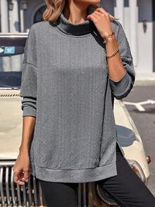 SHEIN LUNE Xám Cổ cao Thả vai Áo nỉ - Xám - Xem 5