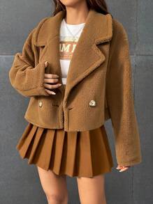 Muchica Cổ áo Thả vai Áo Teddy Jackets - Lạc đà - Xem 6